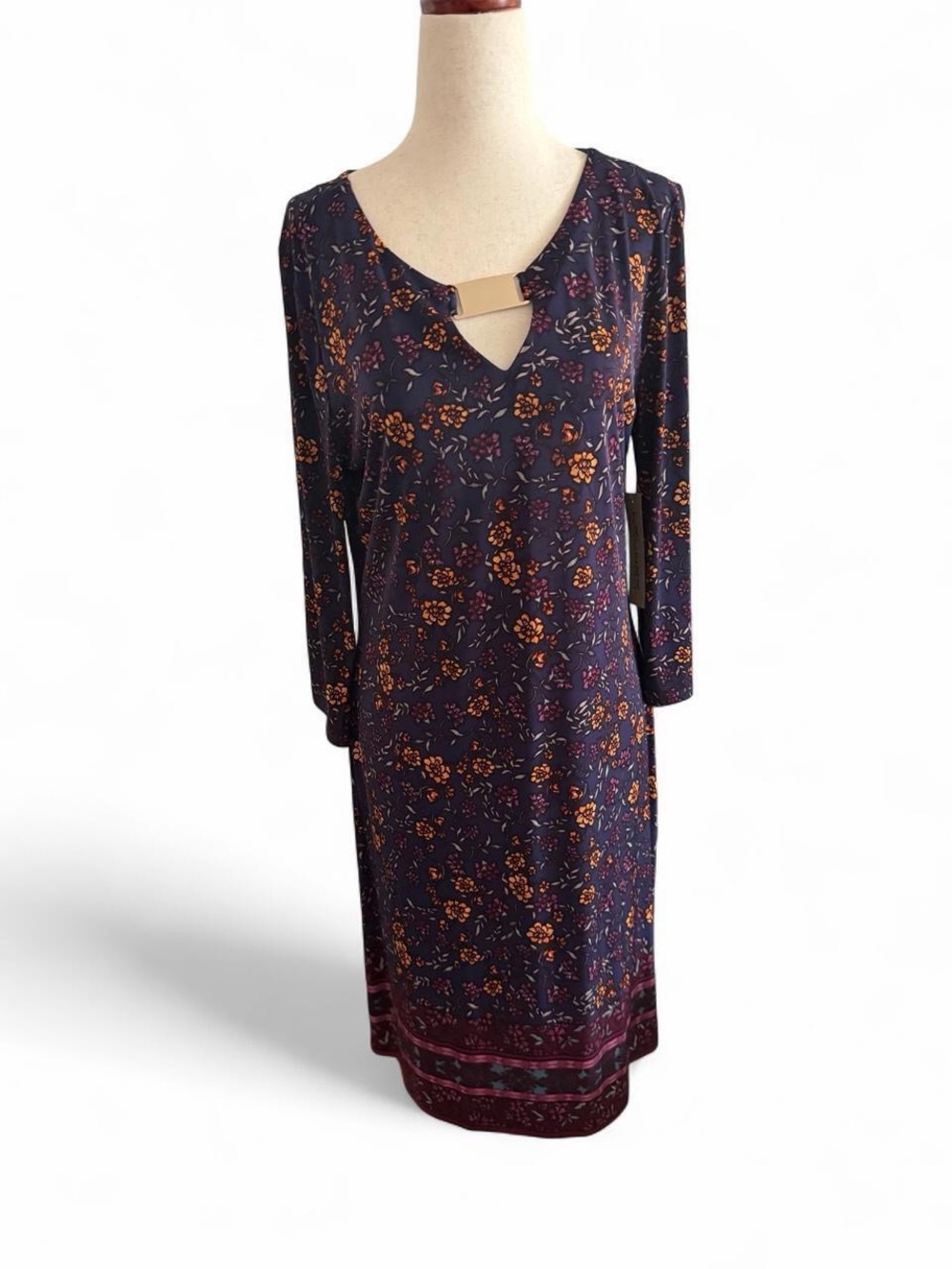 Tacera Navy Long-Sleeve Floral Shift Dress with Gold Bar Keyhole